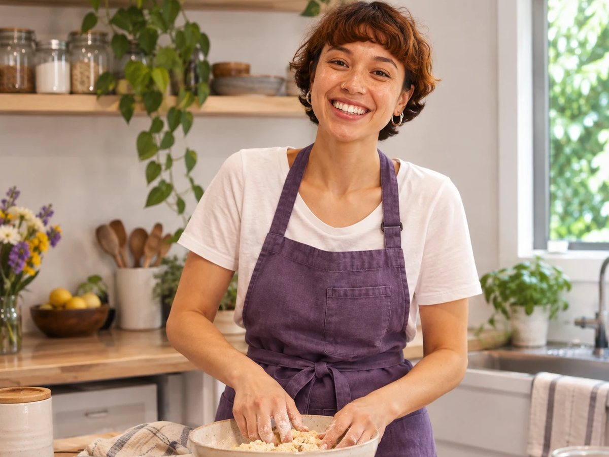 A baker in a purple apron smiling as she mixes cookie dough in her kitchen.